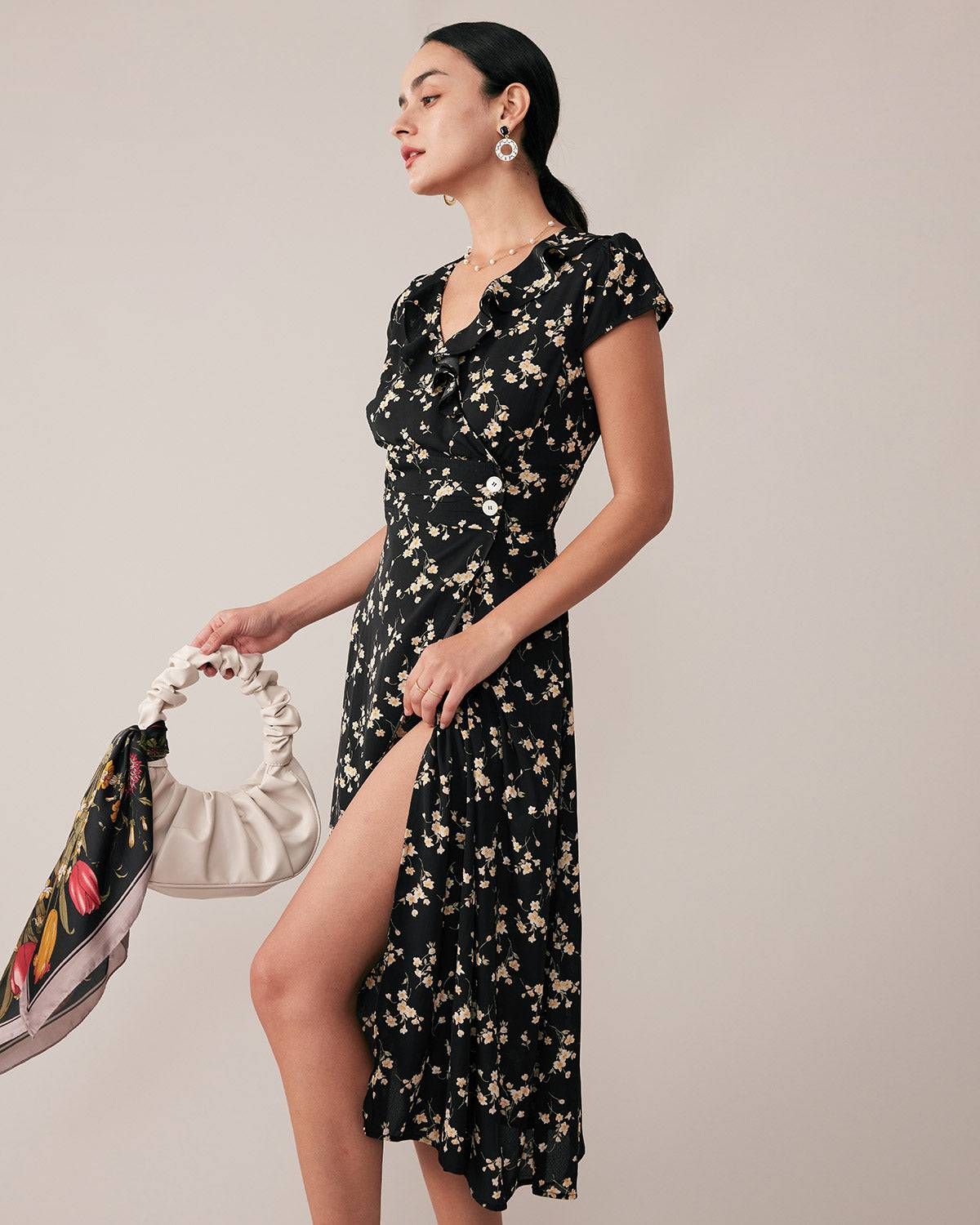 The V-neck Floral Print Wrap Midi Dress sold by rihoas product image thumbnail 3