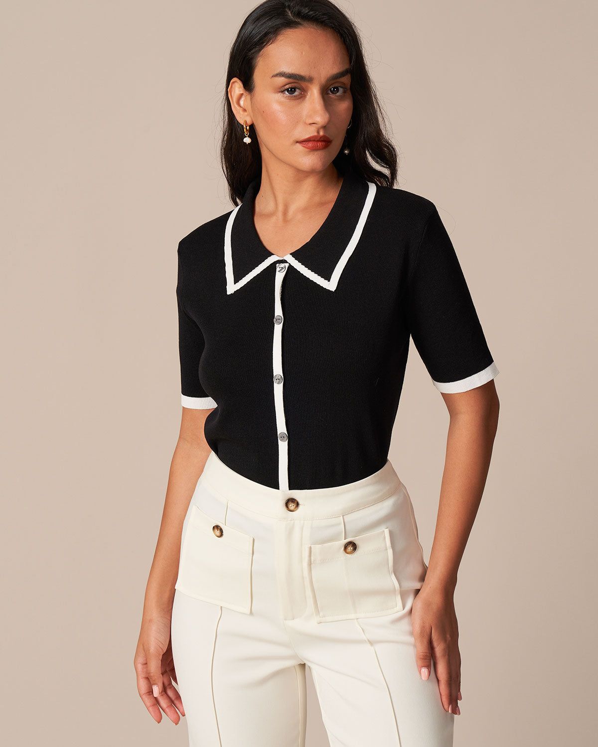 The Black Collared Contrast Ribbed Knit Tee sold by rihoas product image thumbnail 3