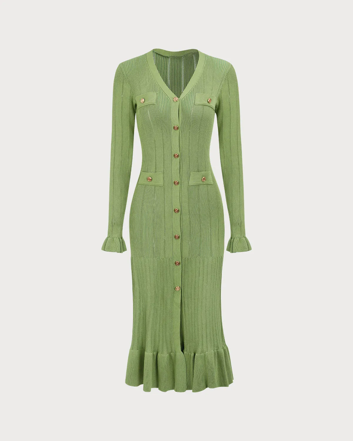 Women's Green Button Long Sleeve Sweater Maxi Dress sold by rihoas