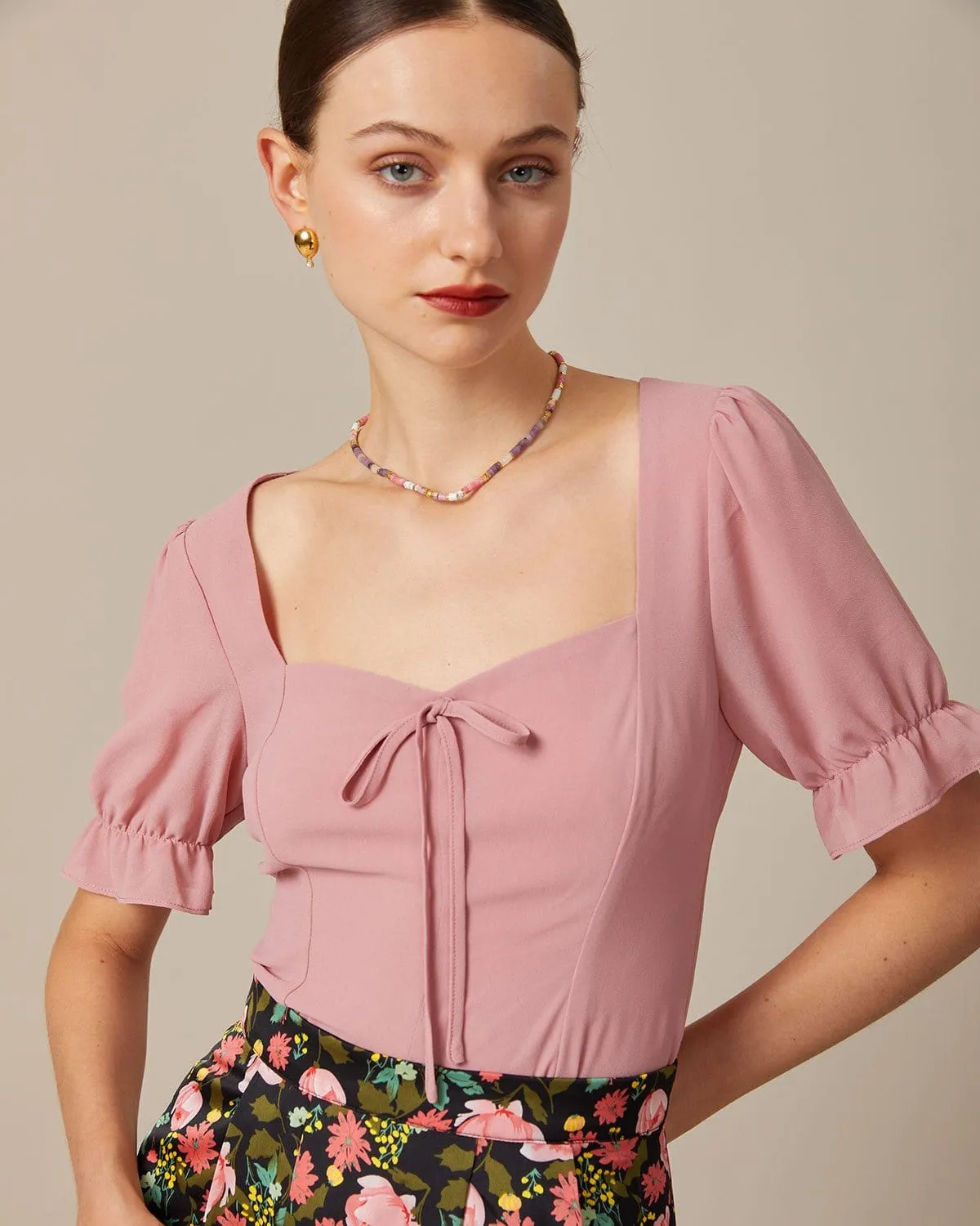The Pink Sweetheart Neck Puff Sleeve Sheer Blouse sold by rihoas product image thumbnail 2
