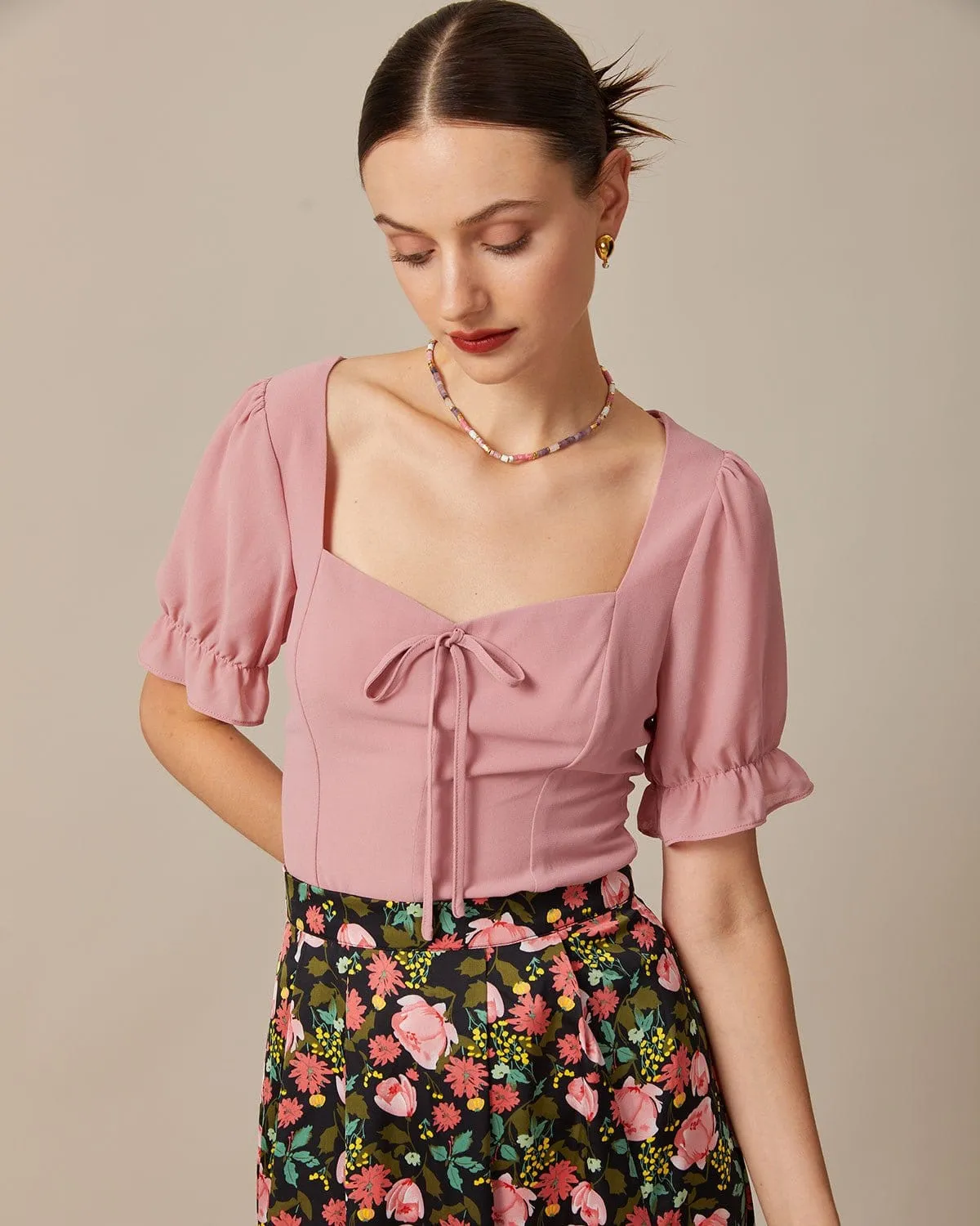 The Pink Sweetheart Neck Puff Sleeve Sheer Blouse sold by rihoas product image thumbnail 3