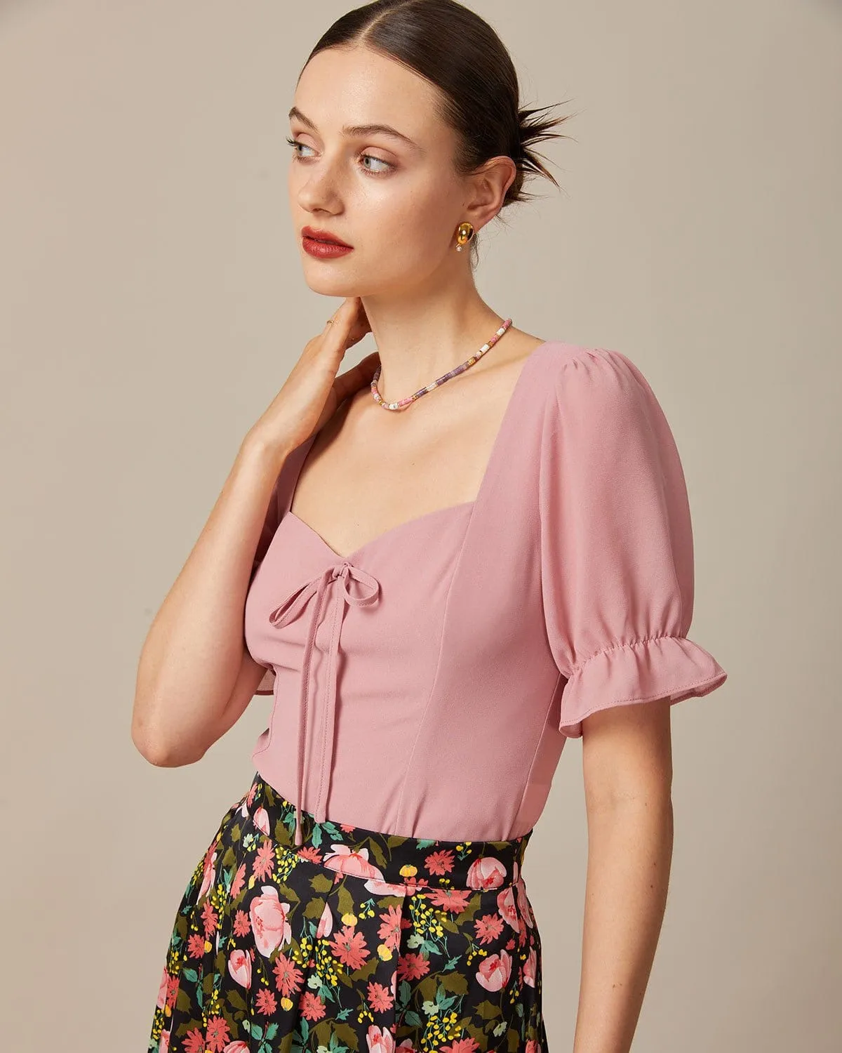 The Pink Sweetheart Neck Puff Sleeve Sheer Blouse sold by rihoas product image thumbnail 4