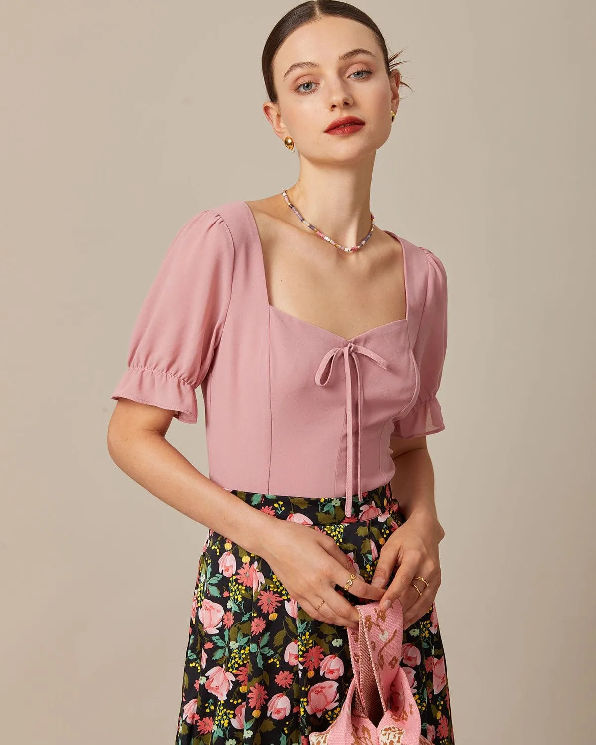 The Pink Sweetheart Neck Puff Sleeve Sheer Blouse sold by rihoas
