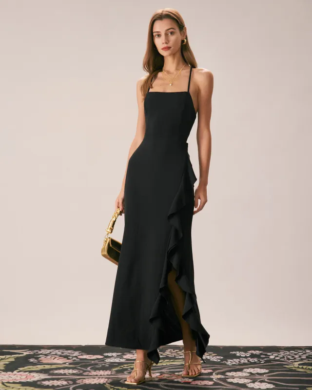 The Black Ruffle Cross Back Strap Maxi Dress sold by rihoas