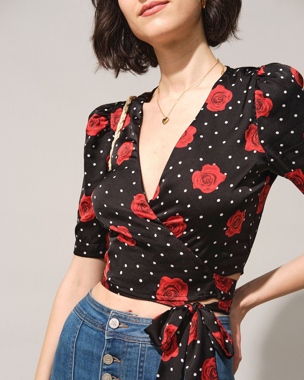 The Black V Neck Floral Wrap Blouse sold by rihoas product image thumbnail 2