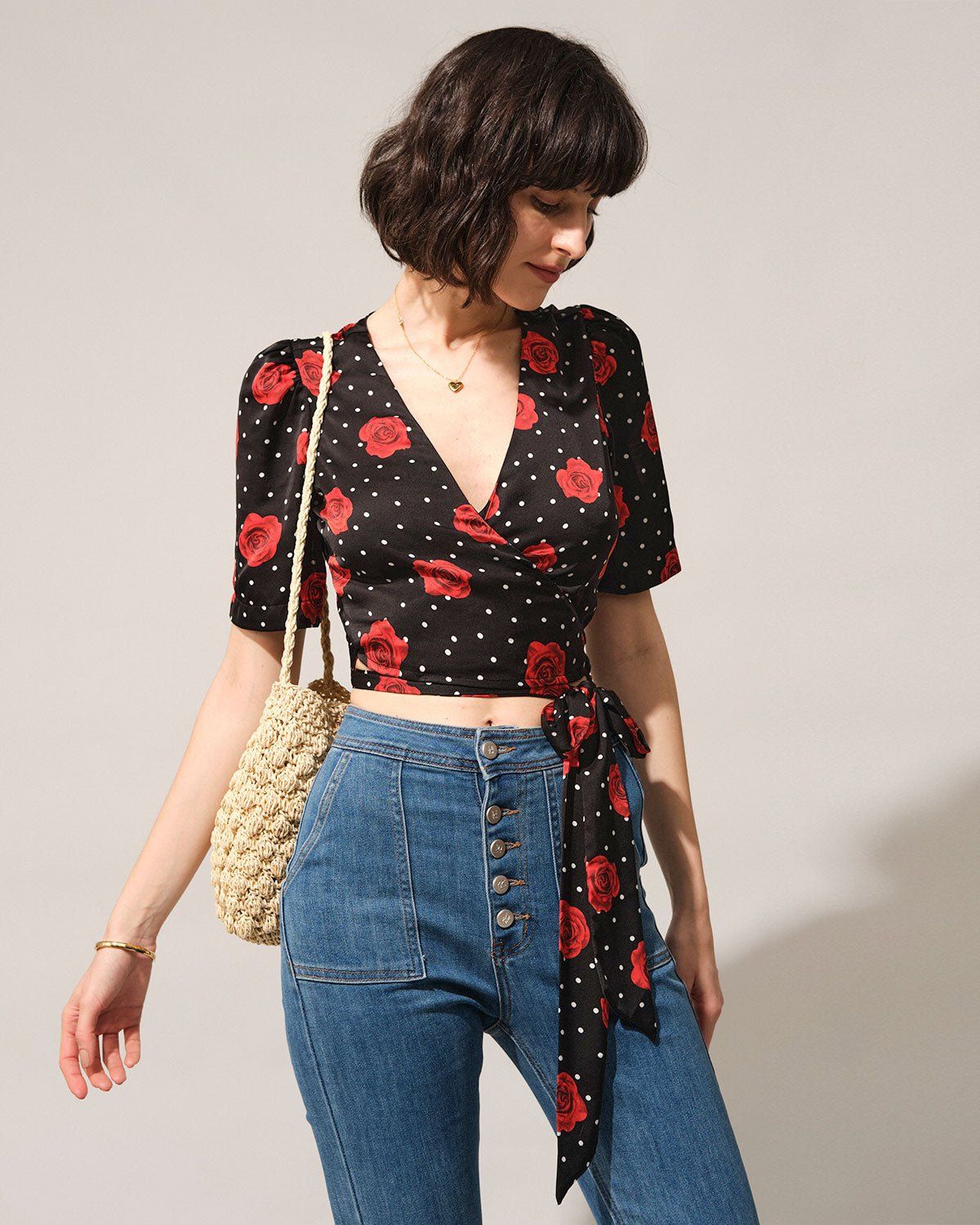 The Black V Neck Floral Wrap Blouse sold by rihoas product image thumbnail 3
