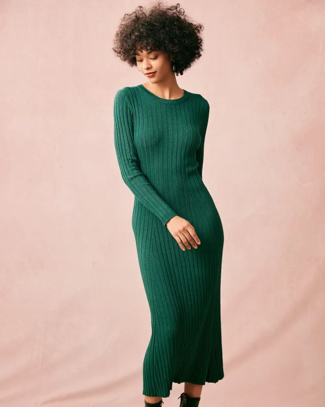 The Green Round Neck Long Sleeve Knit Midi Dress sold by rihoas