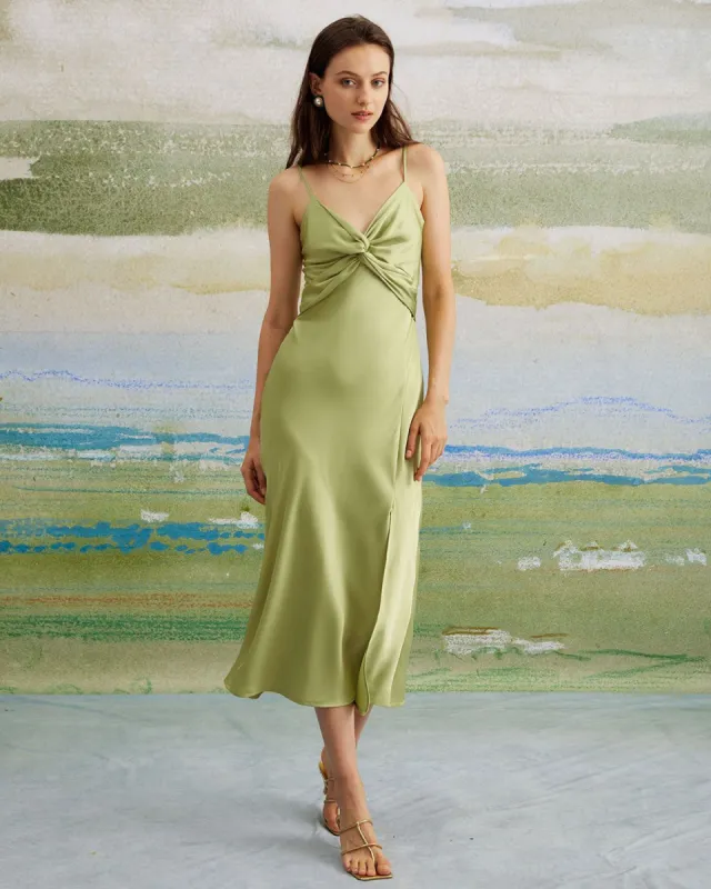 The Green V Neck Twist Slit Satin Midi Dress sold by rihoas
