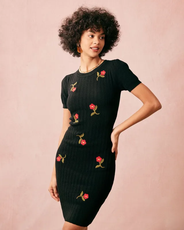 The Black Round Neck Floral Short Sleeve Mini Dress sold by rihoas