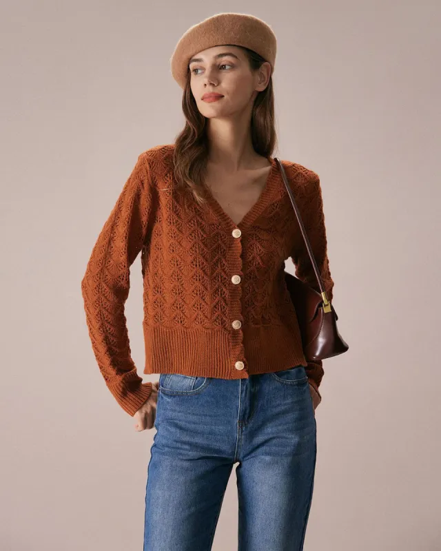 The Caramel V Neck Pointelle Knit Cardigan sold by rihoas