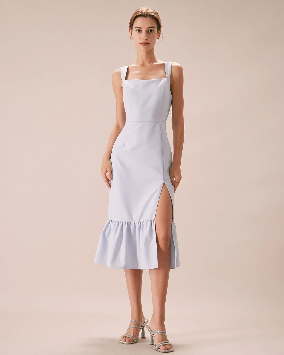 The Light Blue Square Neck Ruffle Midi Dress sold by rihoas product image thumbnail 3