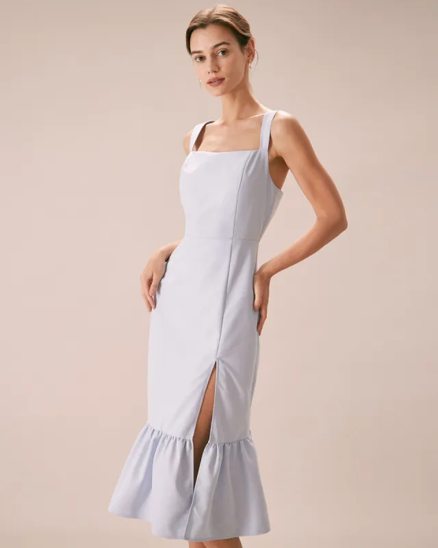 The Light Blue Square Neck Ruffle Midi Dress sold by rihoas