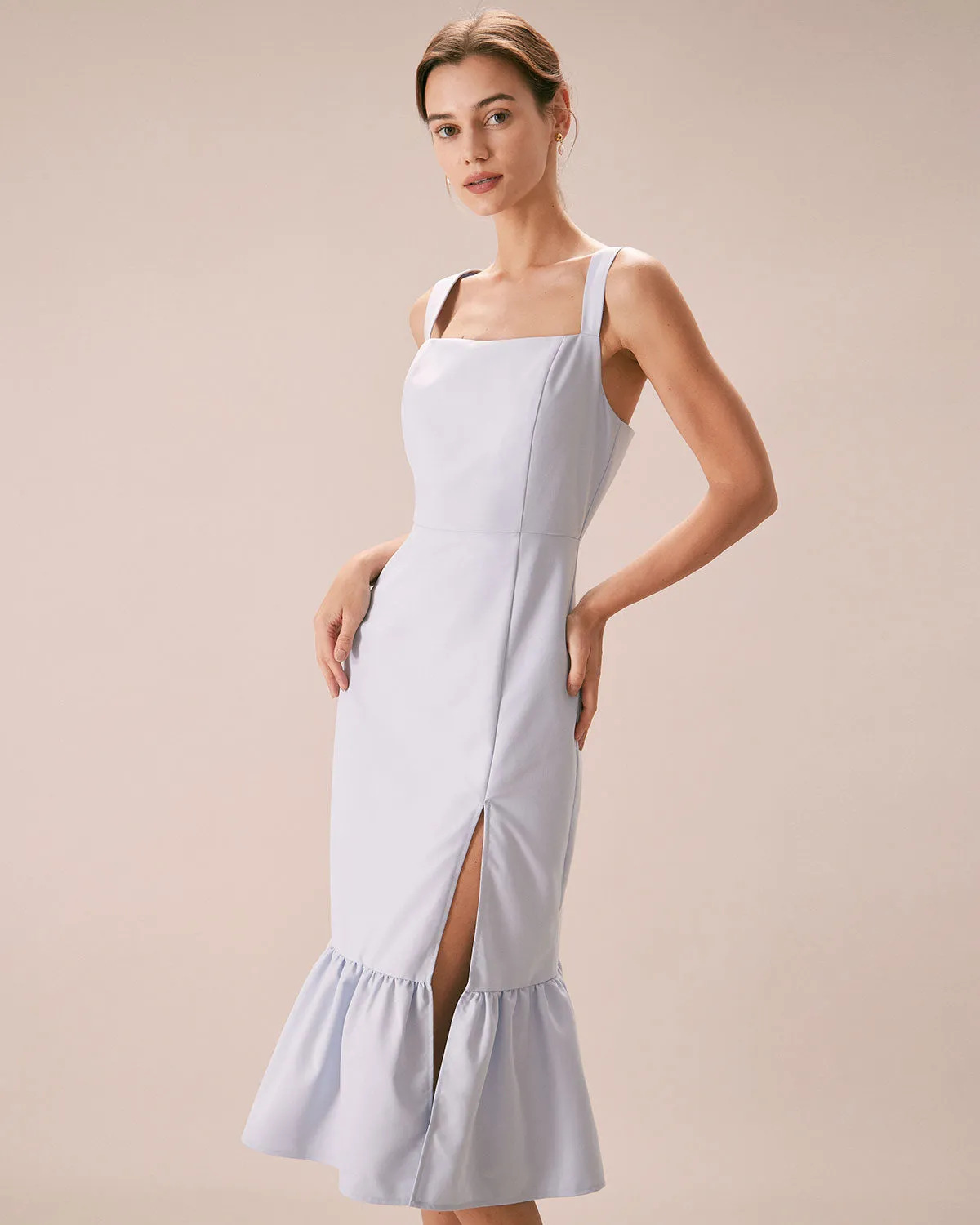 The Light Blue Square Neck Ruffle Midi Dress sold by rihoas