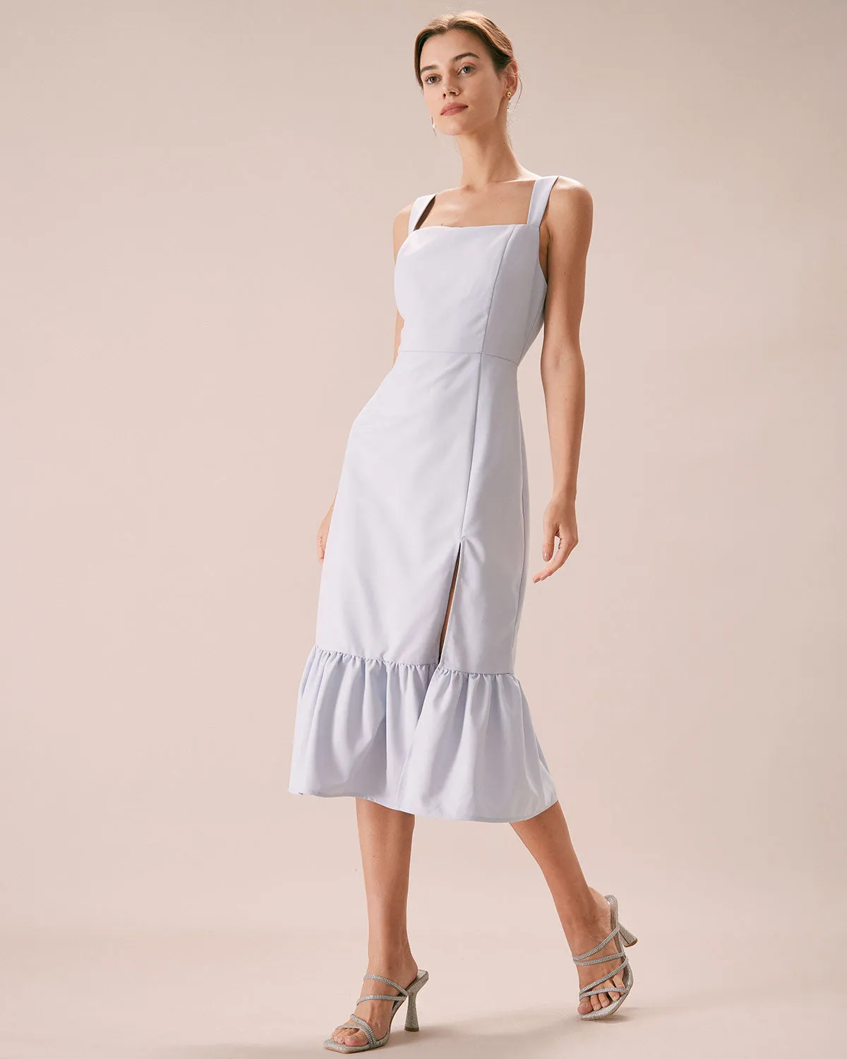 The Light Blue Square Neck Ruffle Midi Dress sold by rihoas product image thumbnail 4
