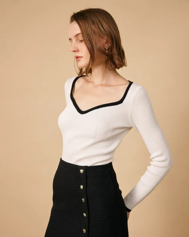 The Contrasting Sweetheart Neck Ribbed Knit Top sold by rihoas
