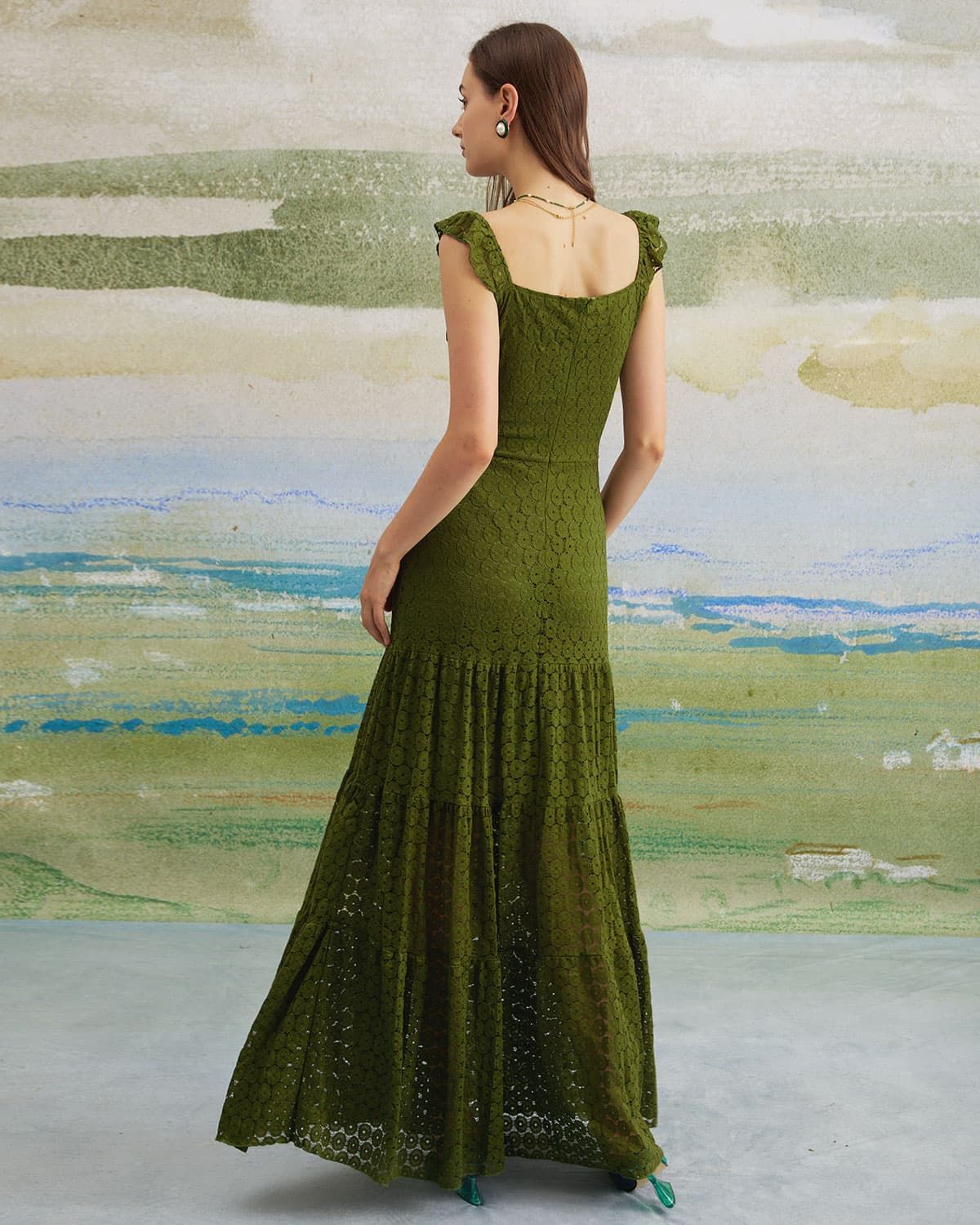 The Green Sweetheart Neck Tiered Maxi Dress sold by rihoas product image thumbnail 4
