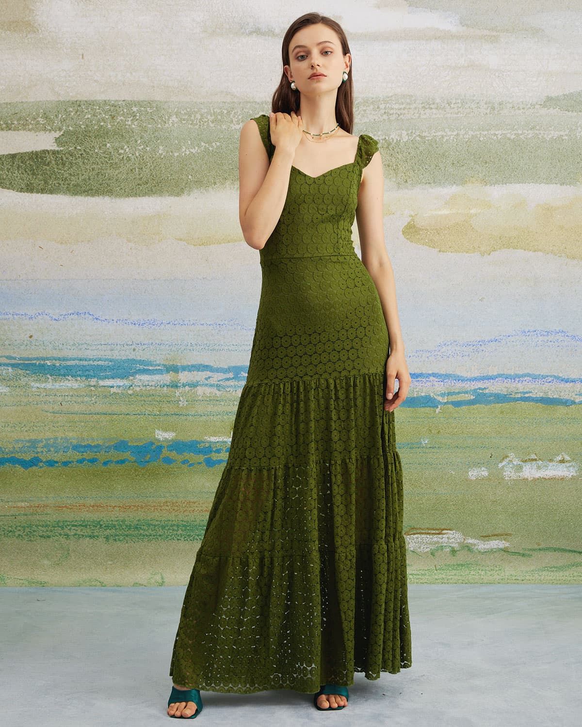 The Green Sweetheart Neck Tiered Maxi Dress sold by rihoas