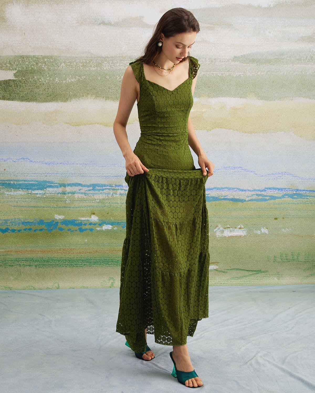 The Green Sweetheart Neck Tiered Maxi Dress sold by rihoas product image thumbnail 6