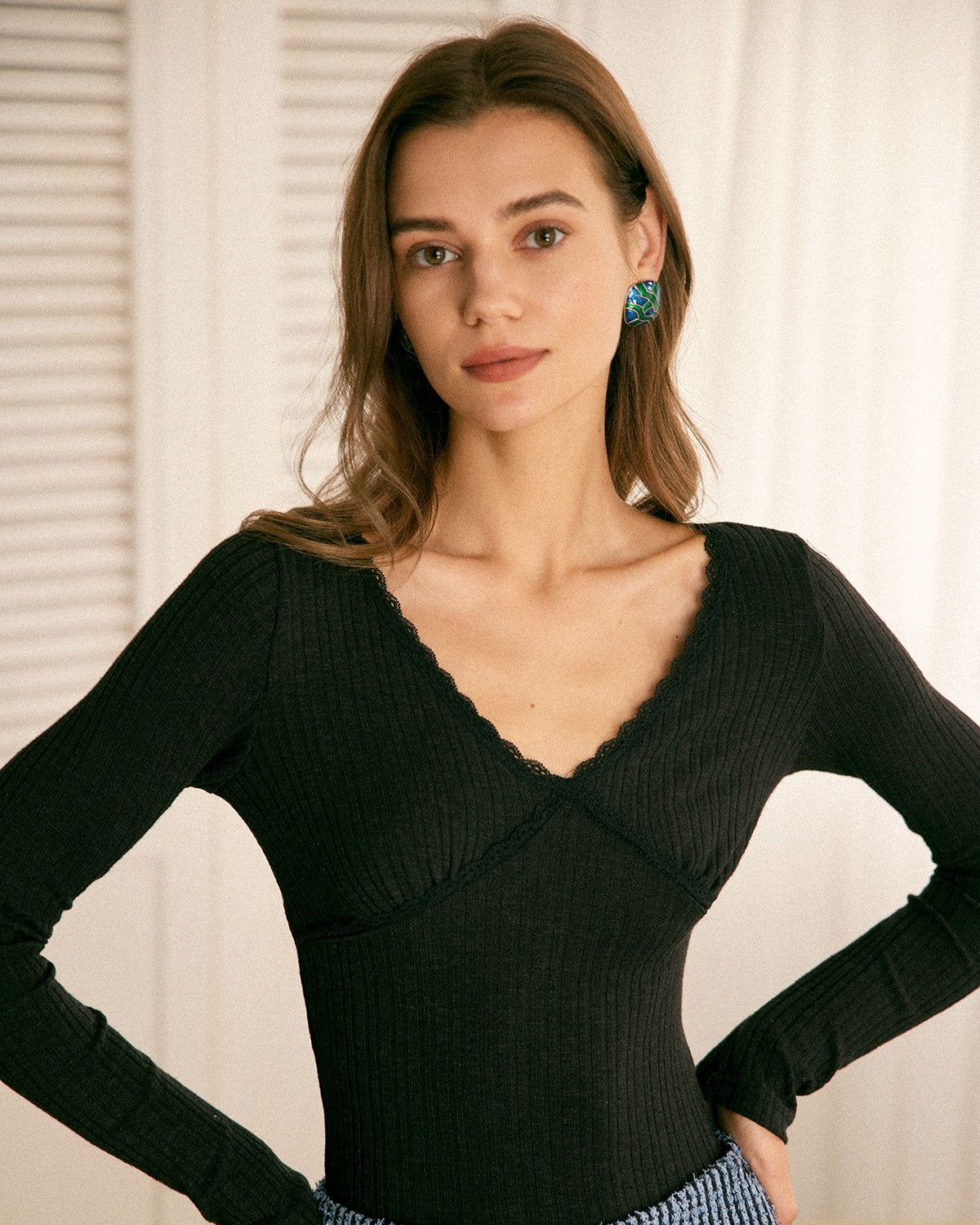The Black V-Neck Lace Trim Ribbed Knit Top sold by rihoas product image thumbnail 2