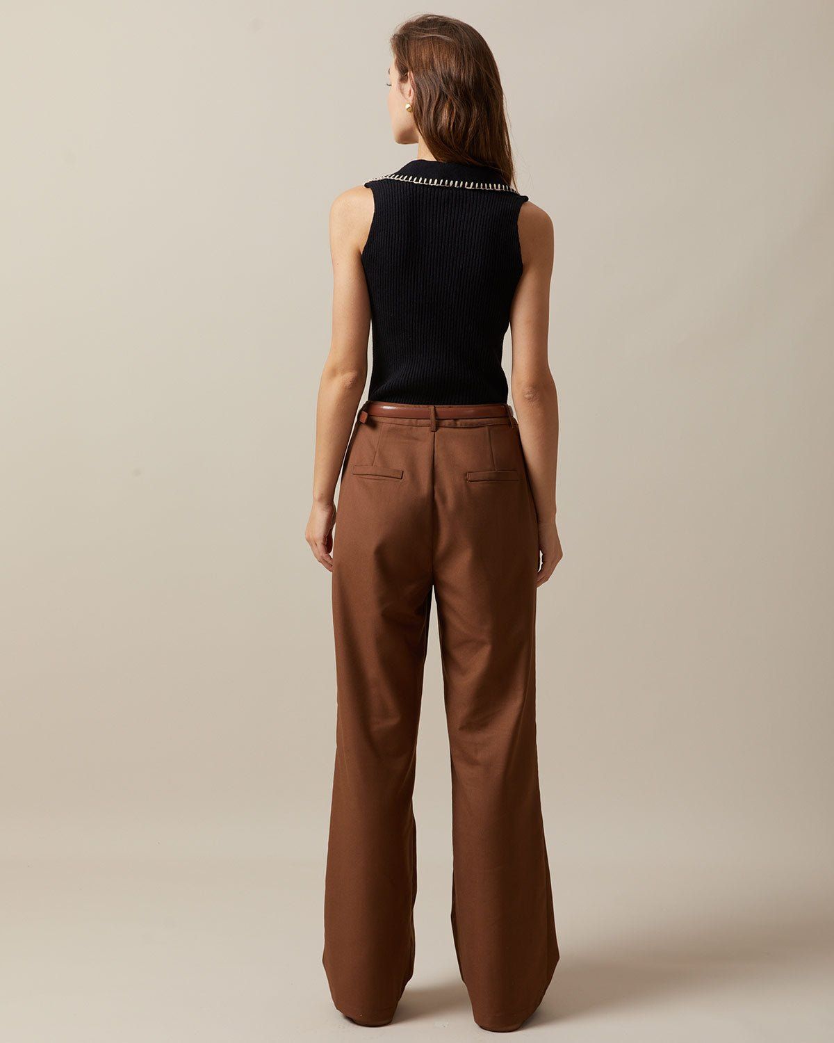 The Brown High Waisted Pleated Straight Pants sold by rihoas product image thumbnail 3