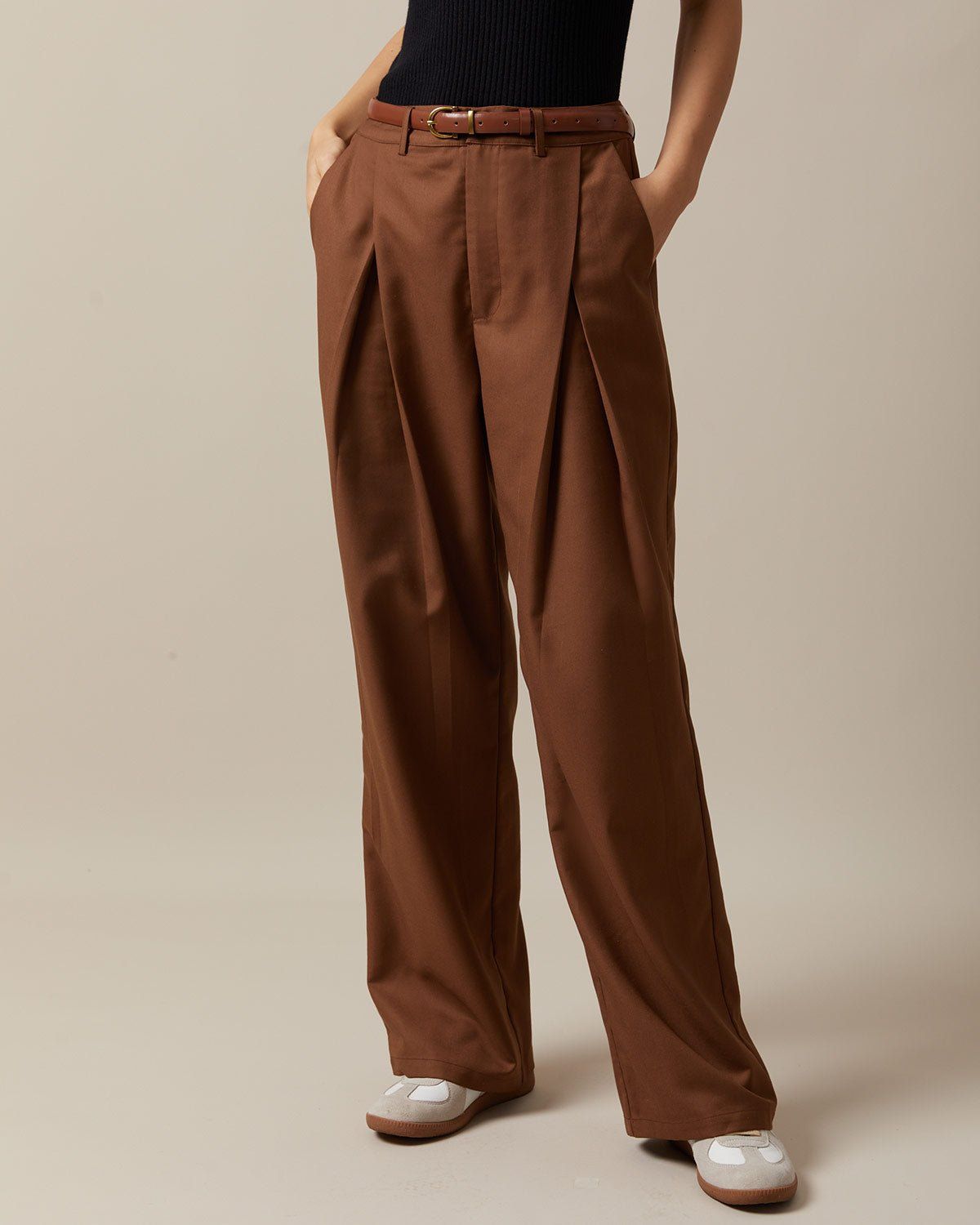 The Brown High Waisted Pleated Straight Pants sold by rihoas