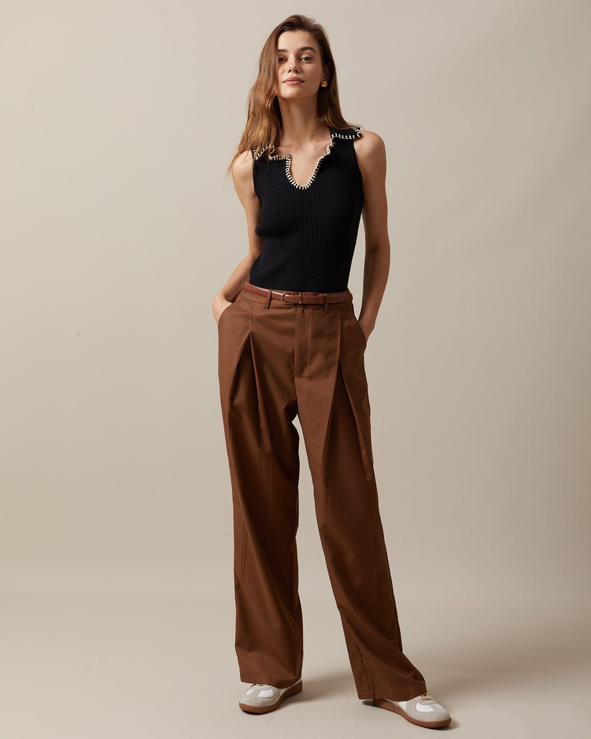The Brown High Waisted Pleated Straight Pants sold by rihoas product image thumbnail 2