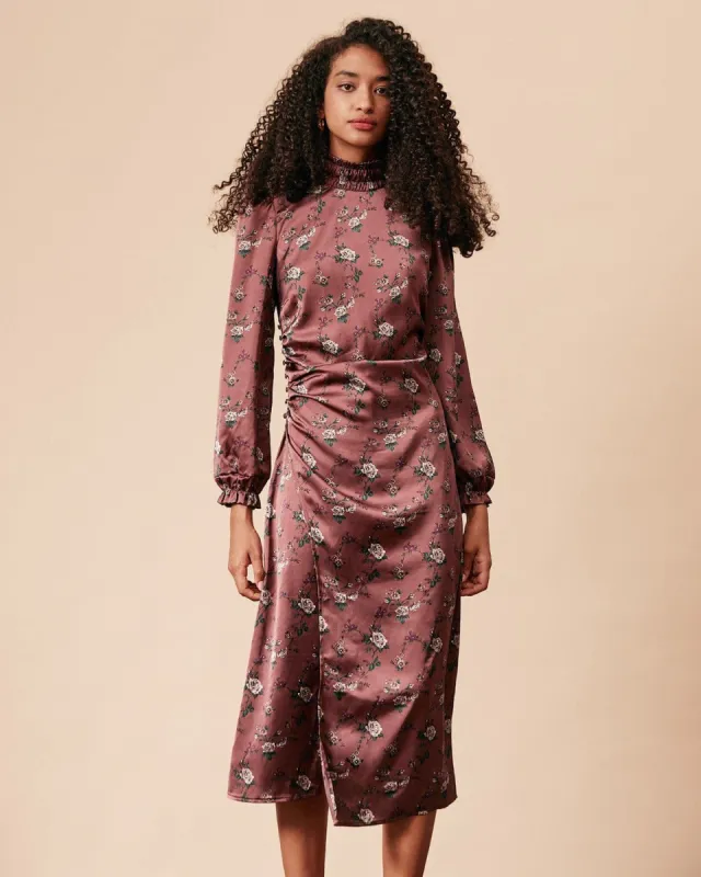 The Mock Neck Ruched Floral Satin Midi Dress sold by rihoas