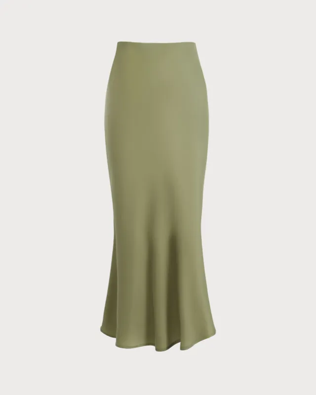 Women's Green Satin Mermaid Midi Skirt sold by rihoas