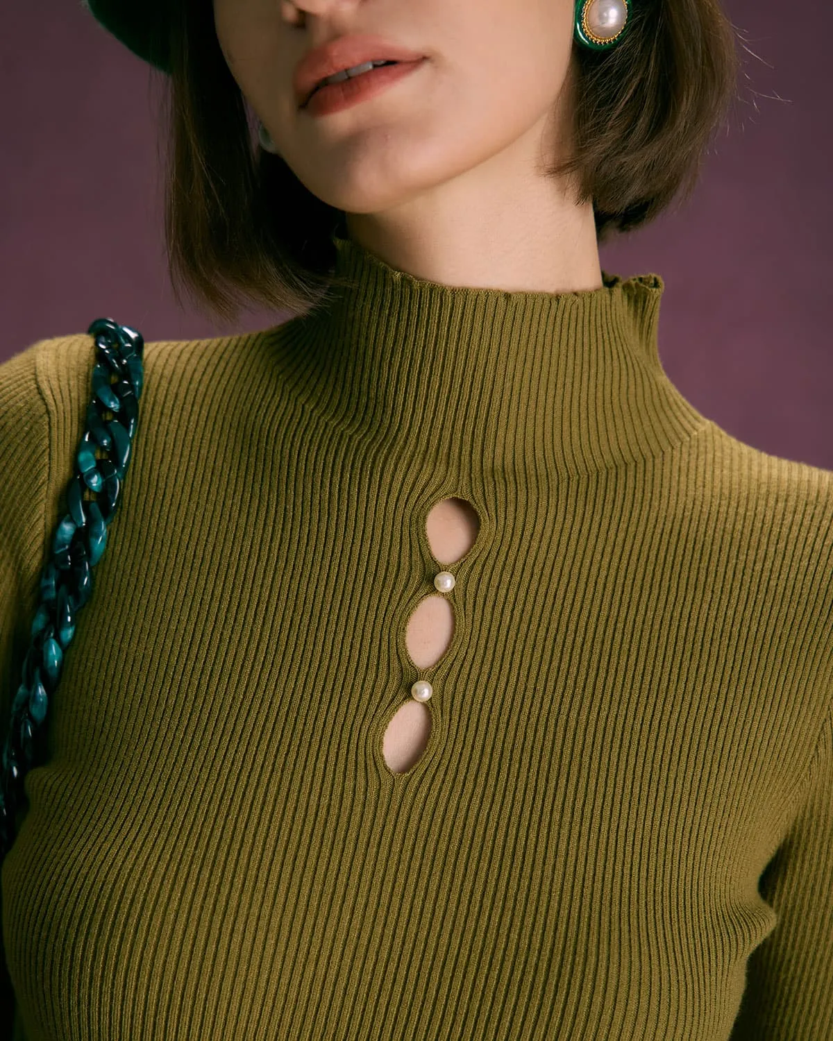 The Army Green Mock Neck Cutout Knit Top sold by rihoas product image thumbnail 2