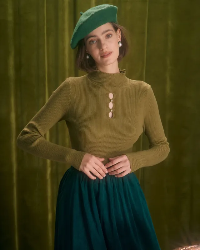 The Army Green Mock Neck Cutout Knit Top sold by rihoas