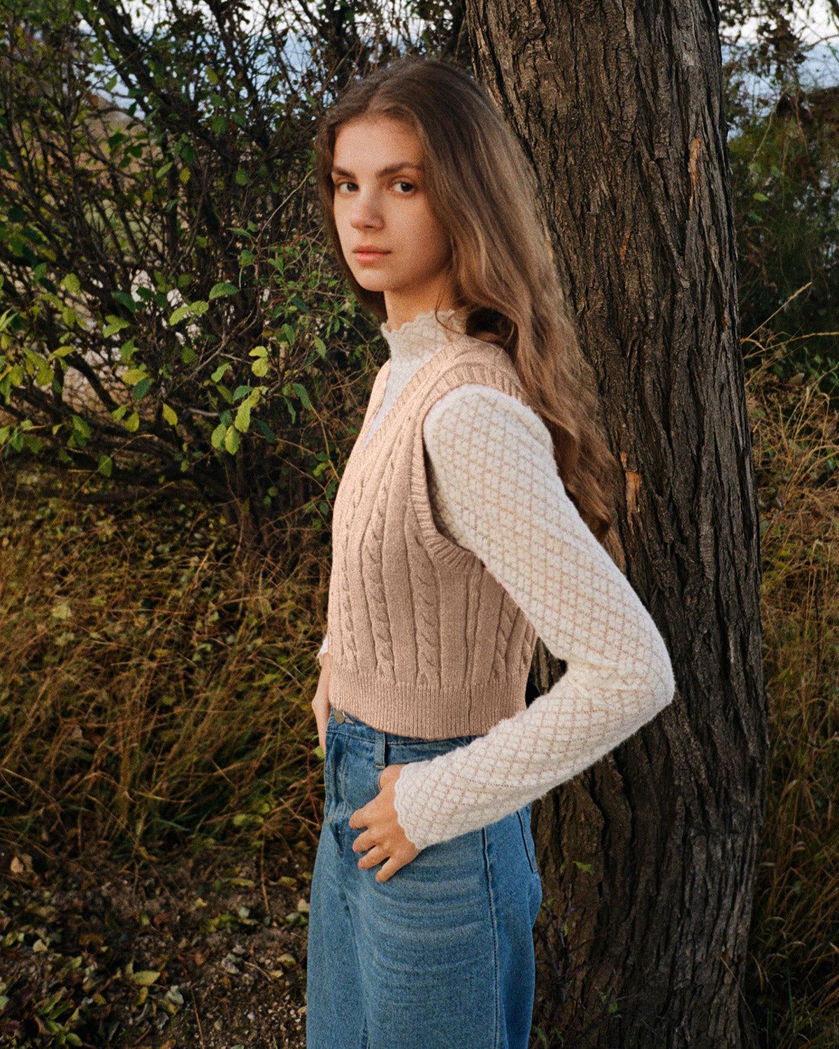 The Apricot Cable Knit V Neck Vest sold by rihoas product image thumbnail 4