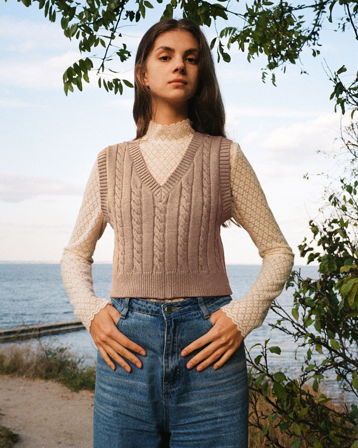 The Apricot Cable Knit V Neck Vest sold by rihoas product image thumbnail 3