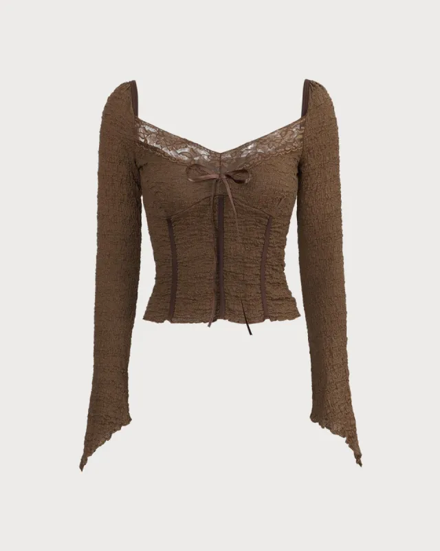 The Coffee Lace Pleated Flare Sleeve Knit Top sold by rihoas