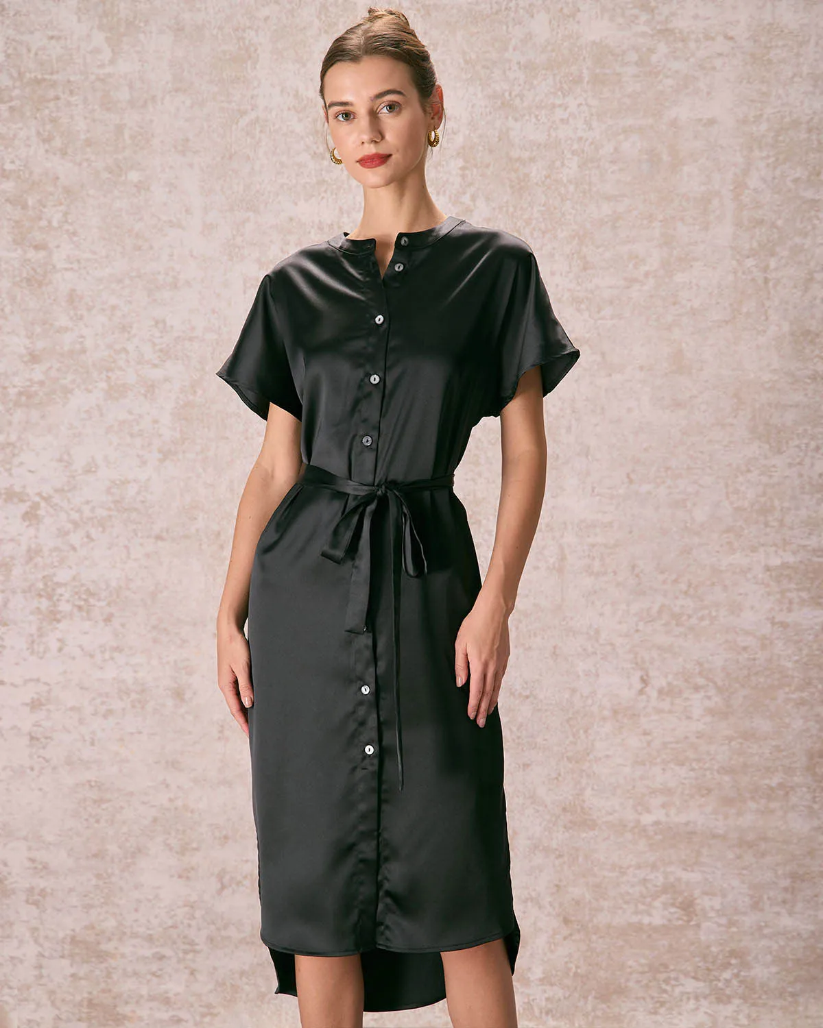The Black Crew Neck Belted Satin Midi Dress sold by rihoas product image thumbnail 3