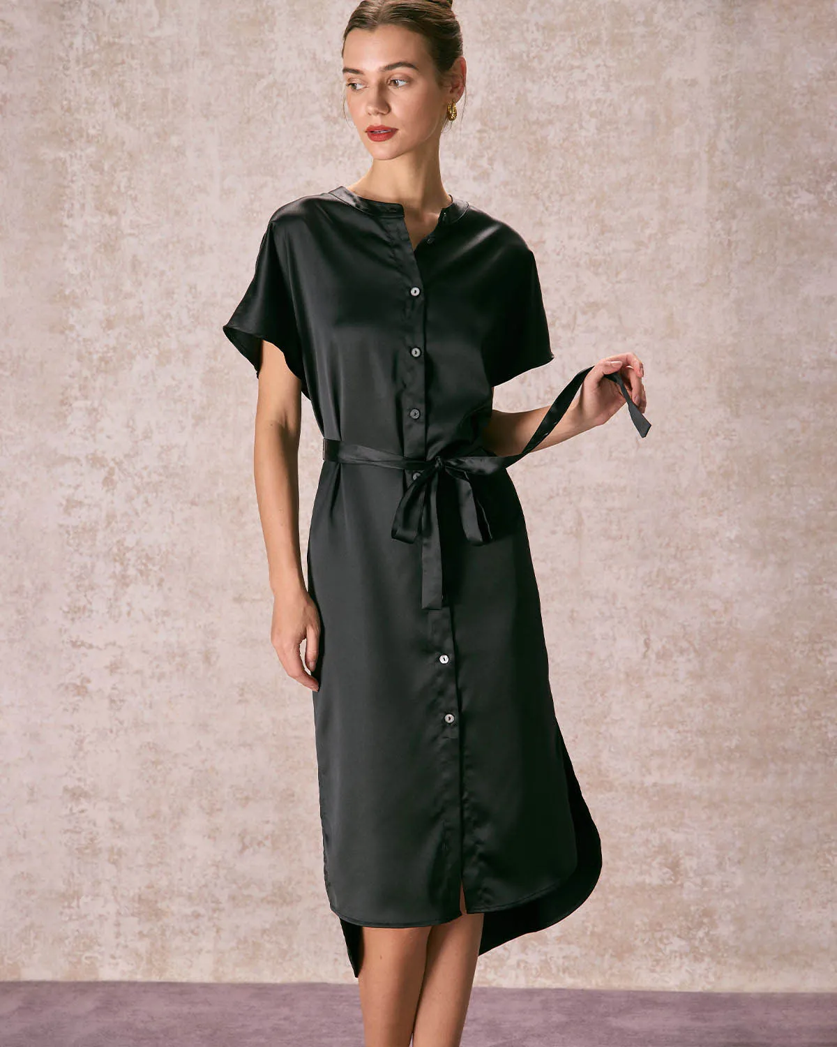 The Black Crew Neck Belted Satin Midi Dress sold by rihoas