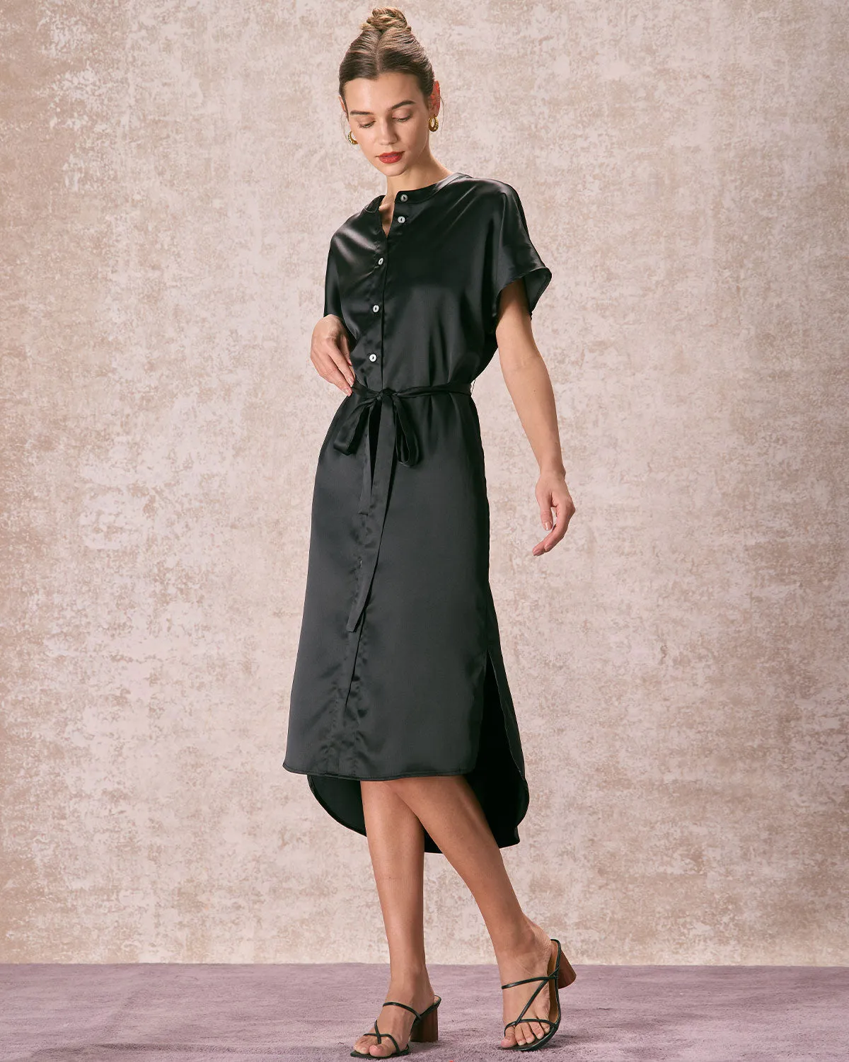 The Black Crew Neck Belted Satin Midi Dress sold by rihoas product image thumbnail 4