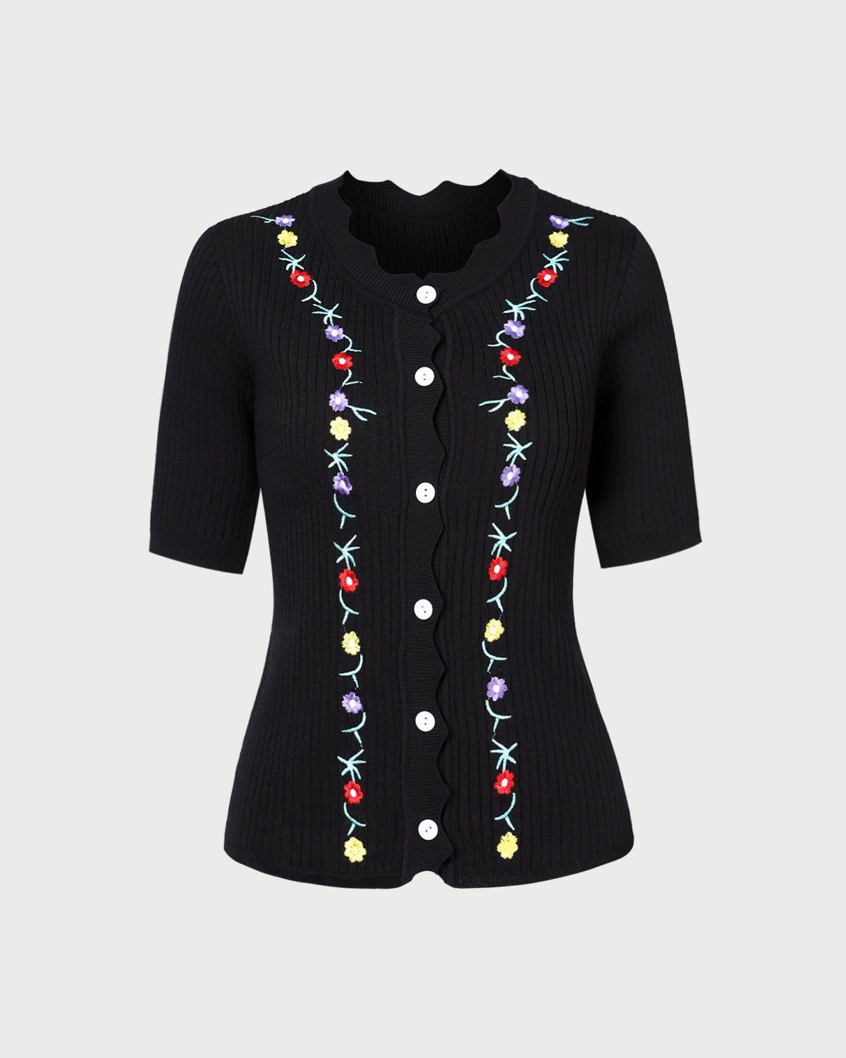 The Black Floral Embroidery Ribbed Knit Tee sold by rihoas product image thumbnail 6