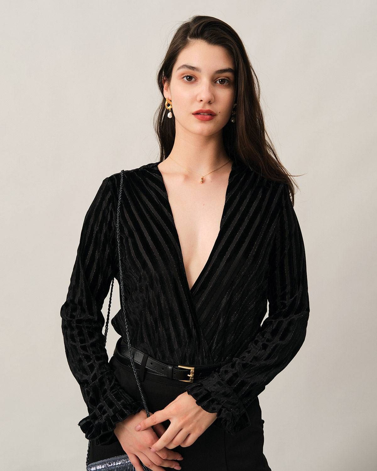 The Velvet V Neck Stripe Blouse sold by rihoas product image thumbnail 4