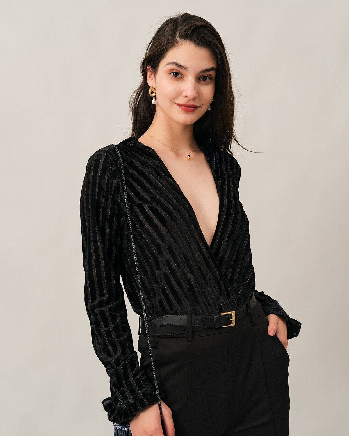 The Velvet V Neck Stripe Blouse sold by rihoas