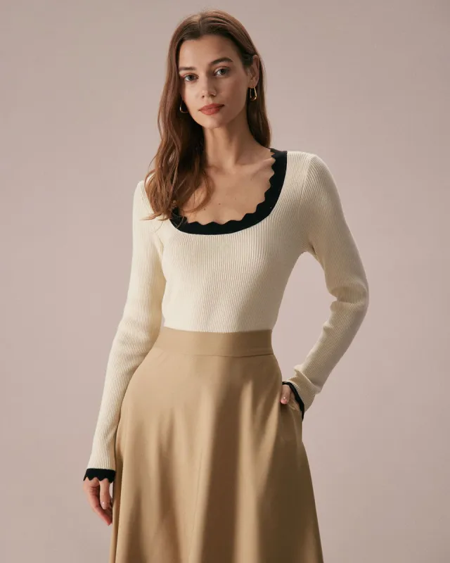 The Apricot U Neck Scalloped Ribbed Knit Top sold by rihoas