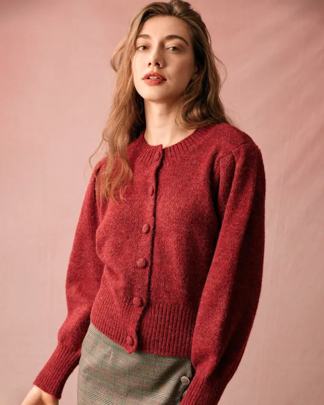 The Red Round Neck Lantern Sleeve Cardigan sold by rihoas