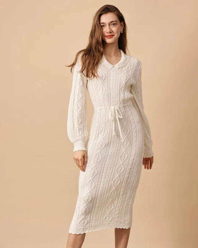 The Beige Lapel Cable Long Sleeve Sweater Dress sold by rihoas