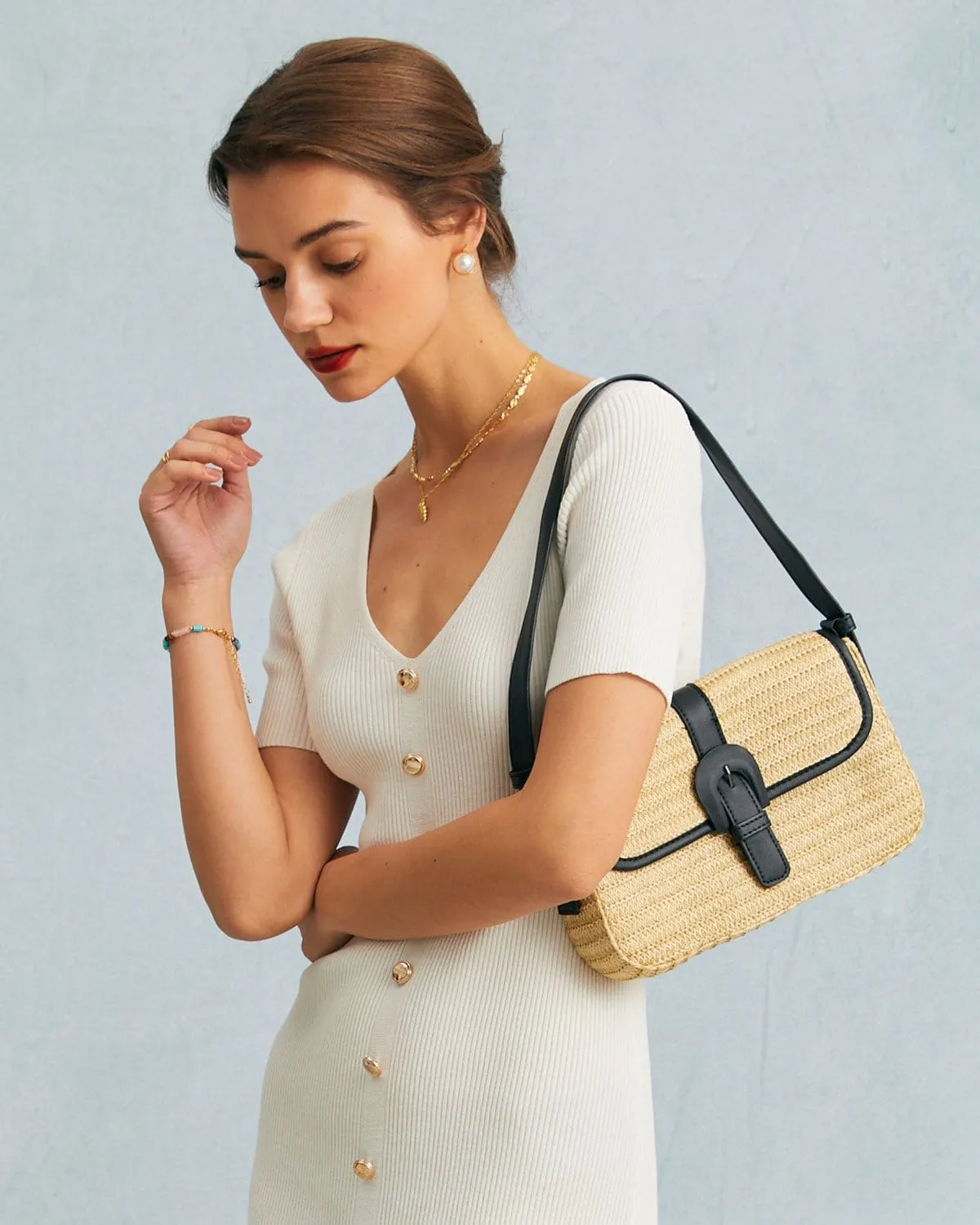 The White V Neck Ribbed Button Slit Midi Dress sold by rihoas product image thumbnail 5