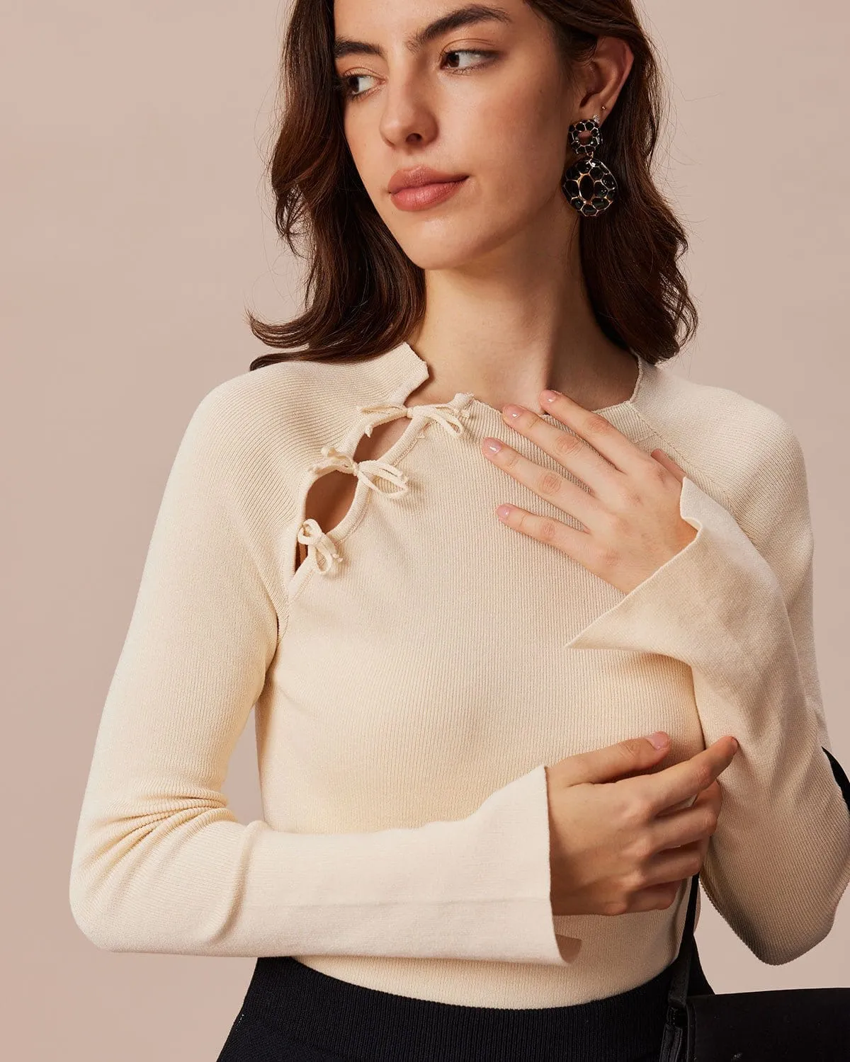 The Beige Ribbed Cut Out Bowknot Knit Top sold by rihoas product image thumbnail 4