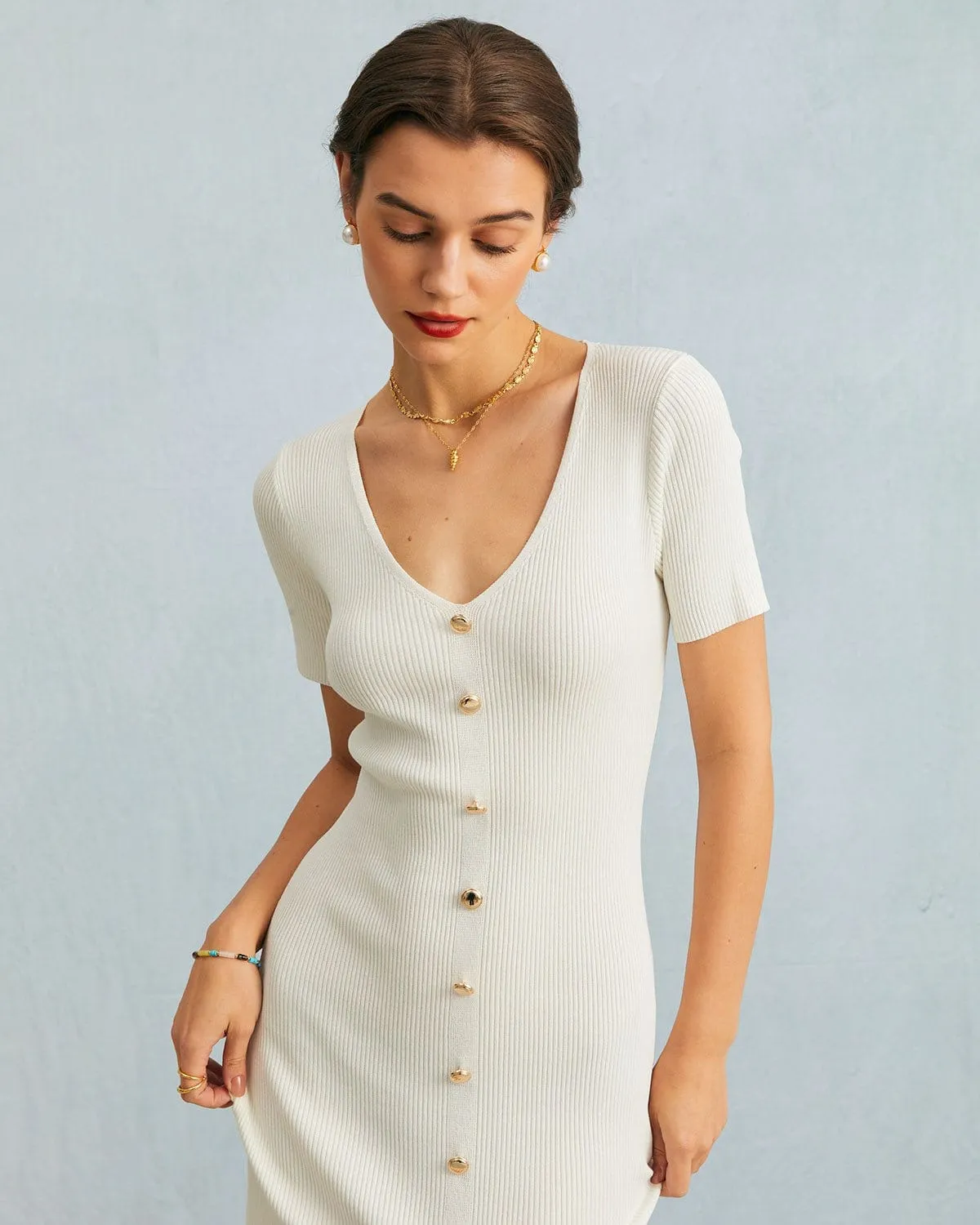 The White V Neck Ribbed Button Slit Midi Dress sold by rihoas product image thumbnail 3