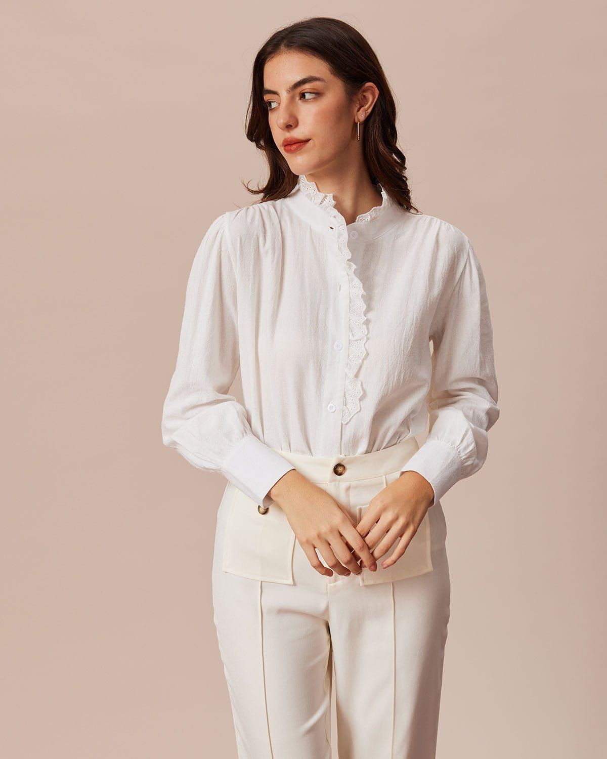 The White Stand Collared Lace Trim Blouse sold by rihoas