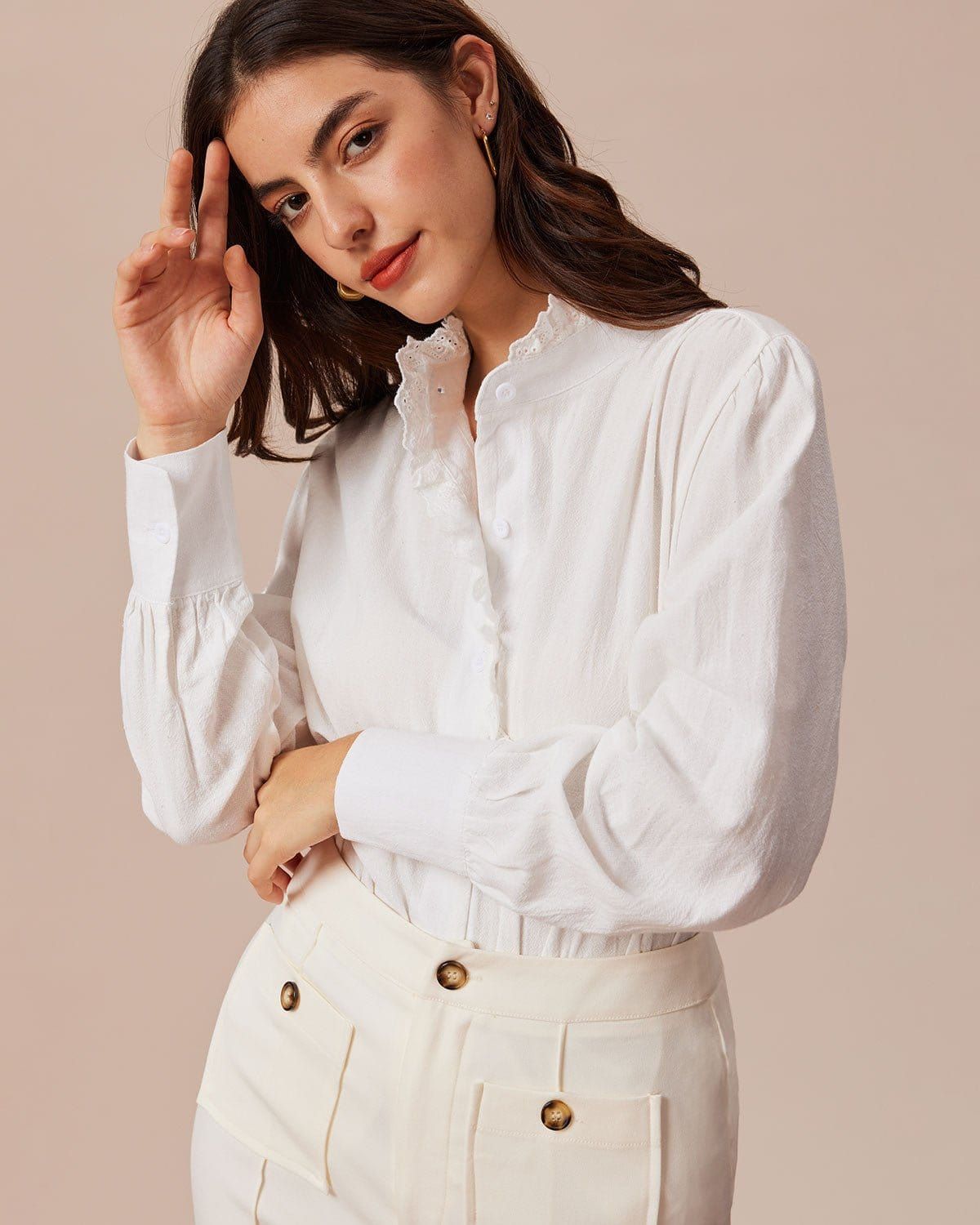 The White Stand Collared Lace Trim Blouse sold by rihoas product image thumbnail 2