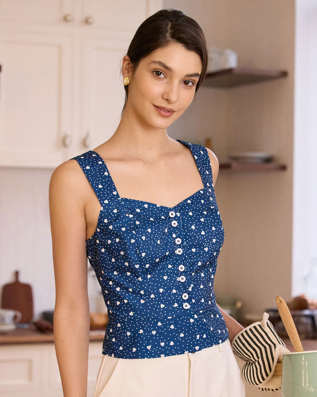 The Blue Sweetheart Neck Polka Dot Tank Top sold by rihoas product image thumbnail 3