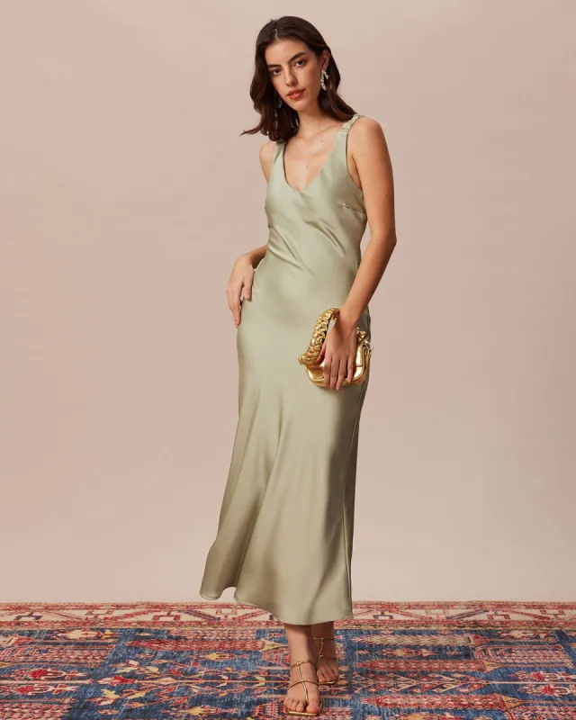 The Light Green V Neck Satin Maxi Dress sold by rihoas