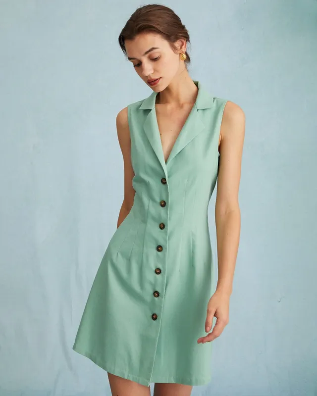 The Green Lapel Button-up Sleeveless Mini Dress sold by rihoas